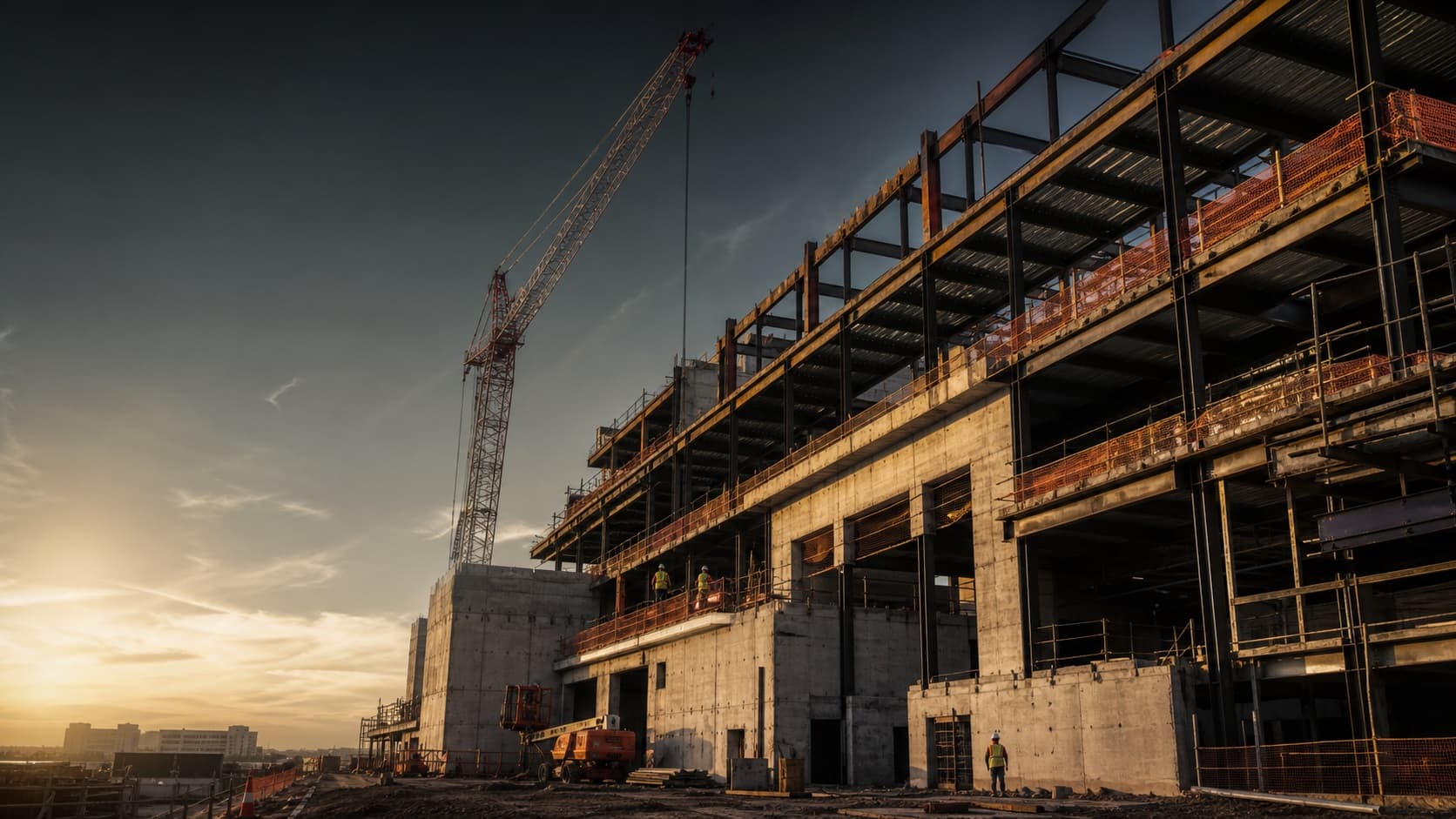 Commercial construction site at golden hour