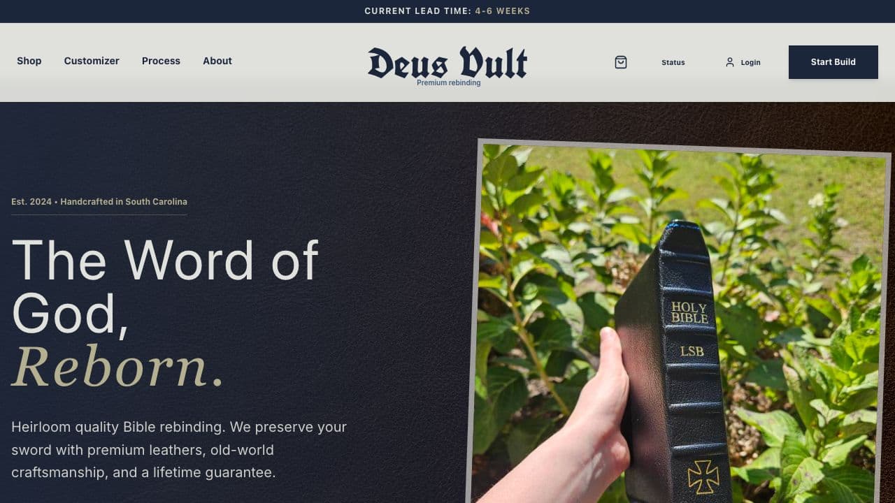 Screenshot of Deus Vult Rebinding e-commerce website showing custom bible rebinding services