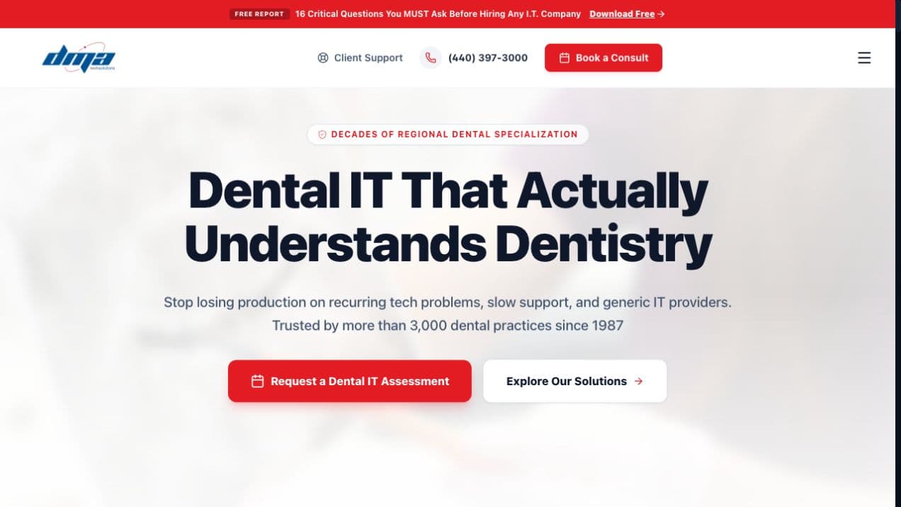 Screenshot of DMA Tech Solutions website showcasing B2B dental technology services