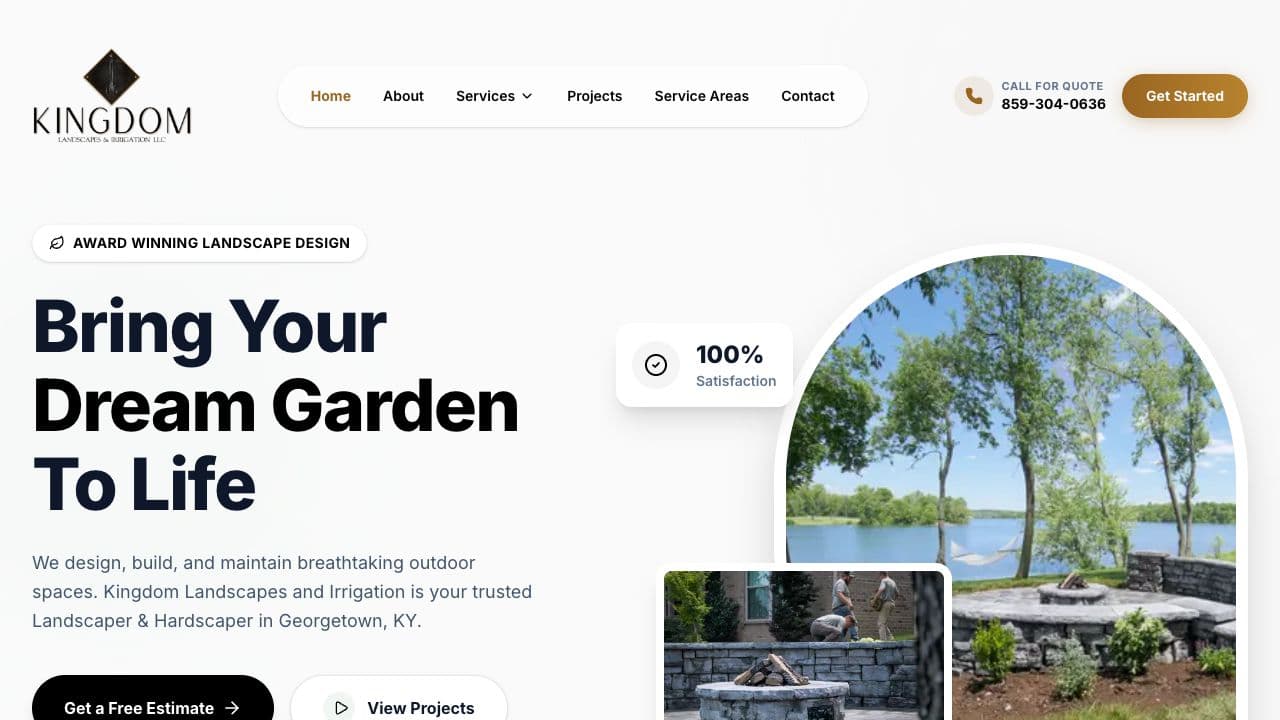Screenshot of Kingdom Landscapes website highlighting local landscaping and property services